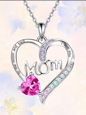 Mother’s Day Silver Heart 'Mom' Pendant Necklace with Pink Heart Stone